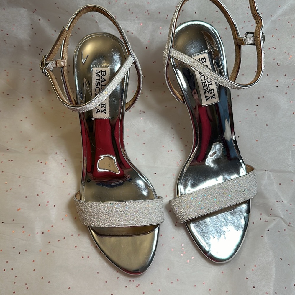 Badgley Mischka Silver Glitter Strappy Heels - Picture 4 of 8